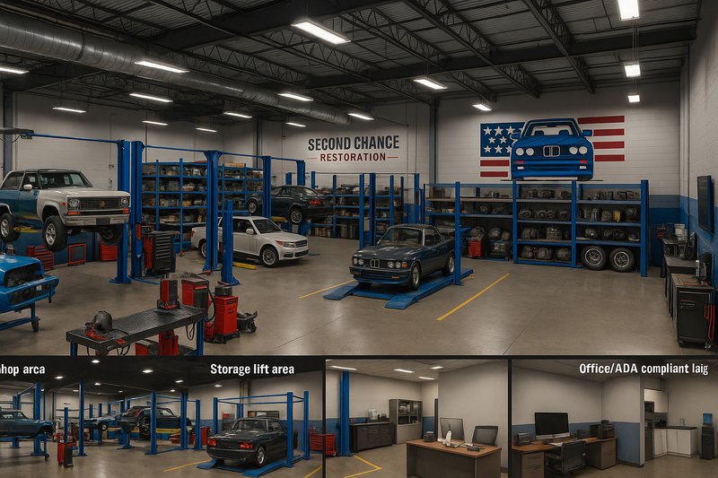 Thumbnail: Composite rendering showing shop, storage lifts, and office/ADA areas.