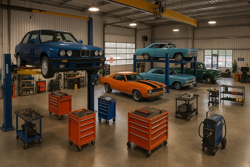 Thumbnail: Workshop layout concept with lifts and mixed classic cars.