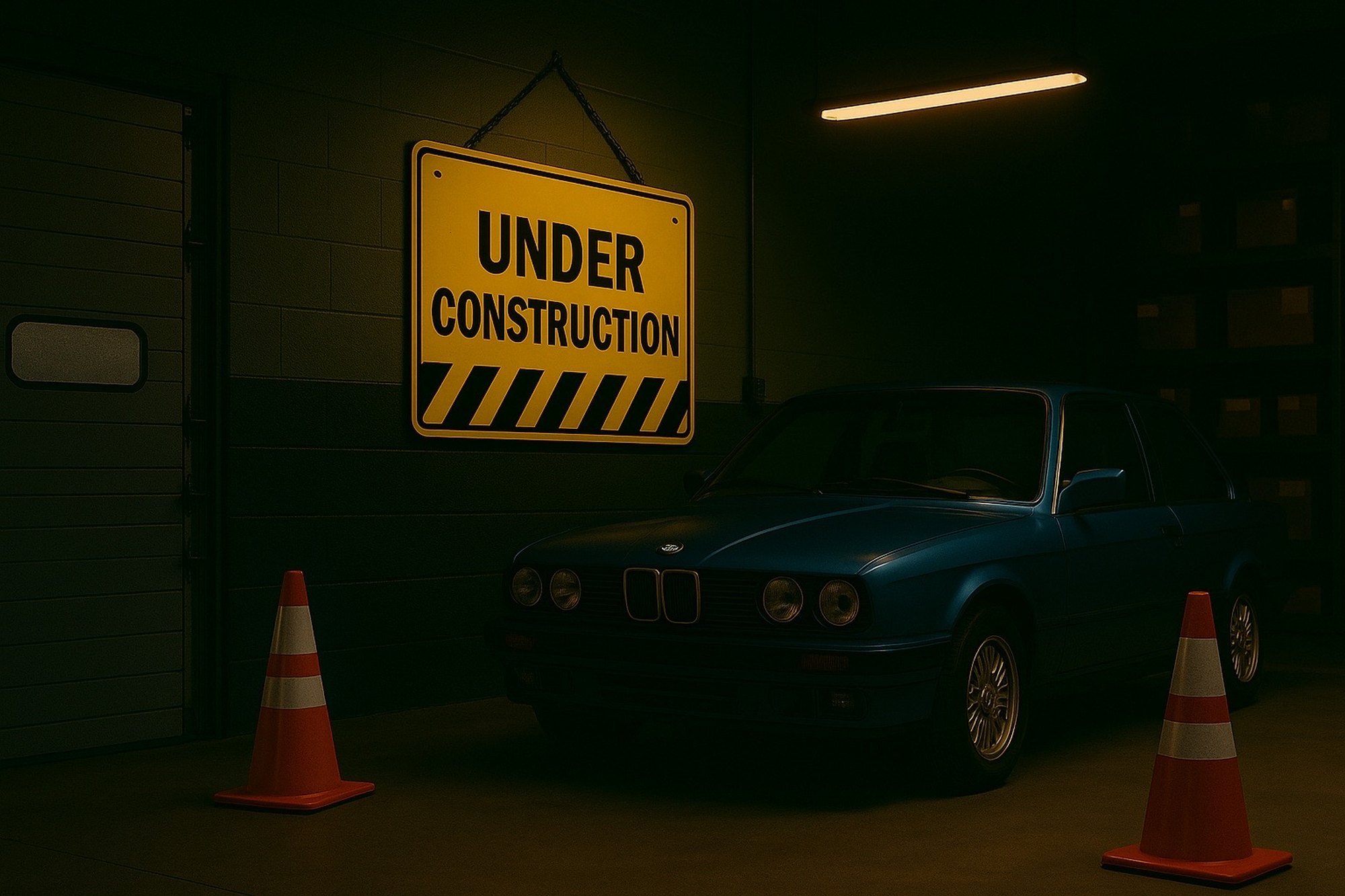 Workshop scene with Under Construction sign and BMW E30 behind cones